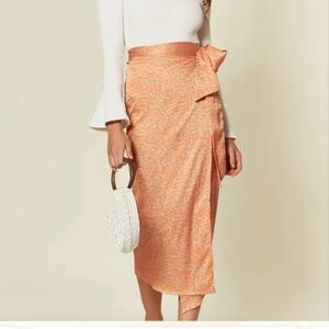 NWT Satin Midi Wrap Leopard Print Skirt in Orange Gold
